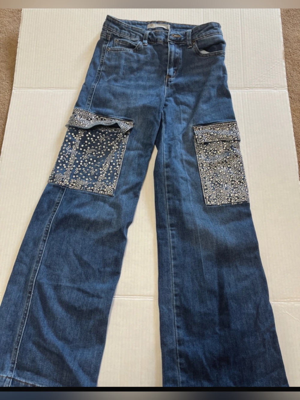 Blue Denim Wide-Leg Jeans with Embellished Patch Pockets girls size 10/12
